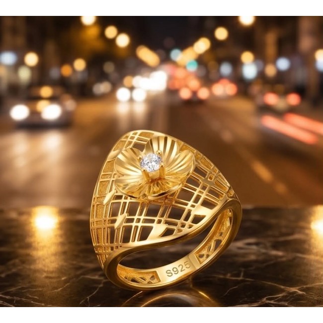 Dubai Style 0.7 CARAT White Topaz .925 Sterling Silver dipped in 22K Gold handmade ring size 8 - Close-up of a gold-tone ring with floral design and white topaz, S925 marking.