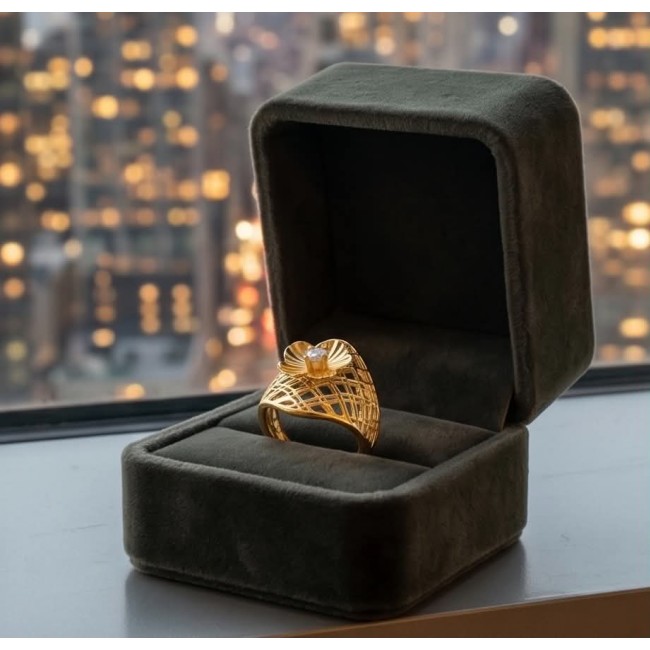Dubai Style 0.7 CARAT White Topaz .925 Sterling Silver dipped in 22K Gold handmade ring size 8 - Gold ring with white topaz in open box, city lights background.