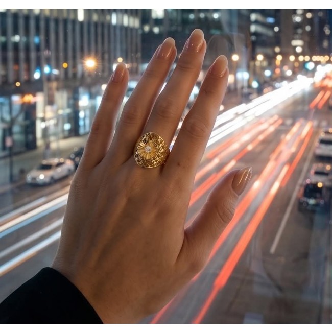 Dubai Style 0.7 CARAT White Topaz .925 Sterling Silver dipped in 22K Gold handmade ring size 8 - Ring worn on hand with city lights backdrop, gold intricate pattern