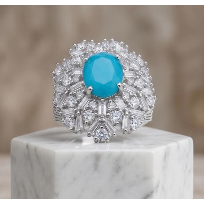 Ginevra Authentic 3.6 carat AQUAMARINE .925 Sterling Silver handcrafted Ring size 7 1/2 - Front view of aquamarine ring with diamond accents on marble surface