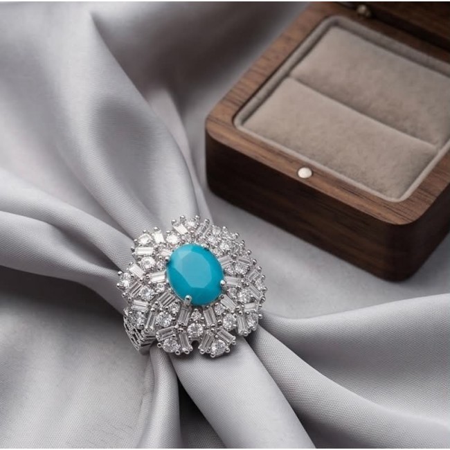 Ginevra Authentic 3.6 carat AQUAMARINE .925 Sterling Silver handcrafted Ring size 7 1/2 - Aquamarine ring on silk cloth, with wooden box in background.