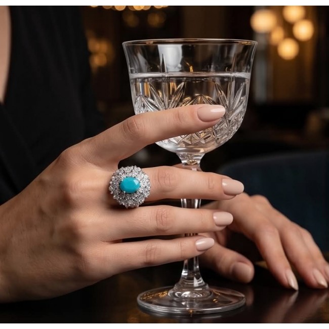 Ginevra Authentic 3.6 carat AQUAMARINE .925 Sterling Silver handcrafted Ring size 7 1/2 - Woman's hand with aquamarine ring holding a crystal glass