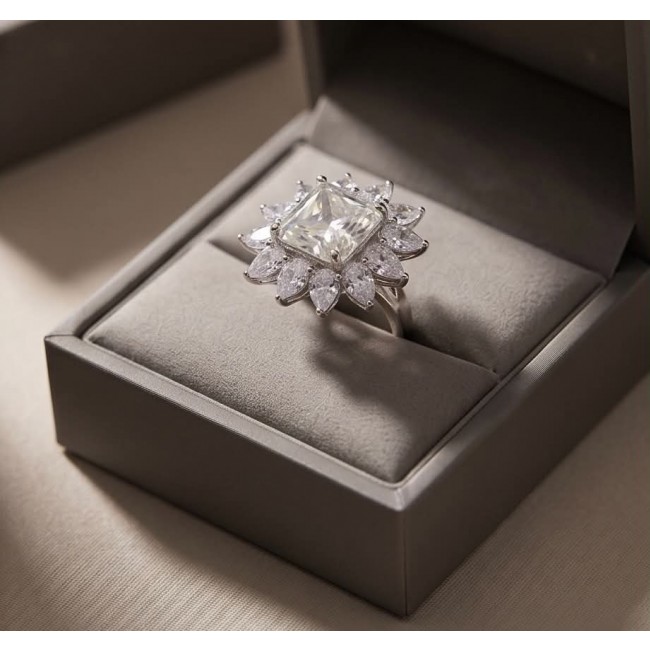 Fiorella Precious 25.5 carat Natural yellow Sapphire White Topaz .925 Sterling Silver Statement ring size 6 - Fiorella ring in box, square sapphire with marquise accents, top view.