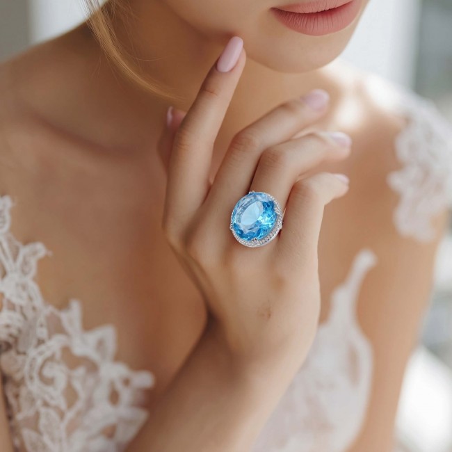 Eau Pure 14.5 carat Swiss Blue Topaz .925 Sterling Silver Handcrafted Statement Ring size 8 - Close-up of Eau Pure Swiss Blue Topaz ring worn on hand.