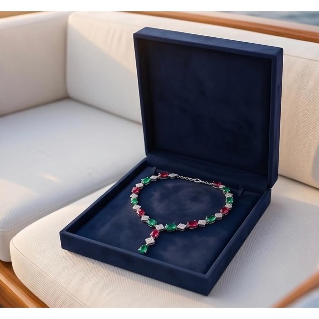 Ginevra - Luxurious natural 18.4 carat Ruby Emerald .925 Sterling Silver handmade Statement necklace - Luxurious Ginevra necklace in box, side view showing Ruby and Emerald stones.