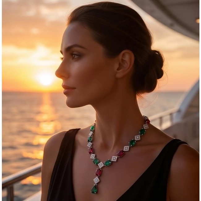 Ginevra - Luxurious natural 18.4 carat Ruby Emerald .925 Sterling Silver handmade Statement necklace - Woman wearing the Ginevra necklace at sunset, side view.