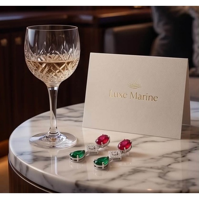 Ginevra - Luxurious natural 10.4 carat Ruby Emerald .925 Sterling Silver handmade Statement Earrings - Elegant Ginevra jewelry on marble with champagne and Luxe Marine card.