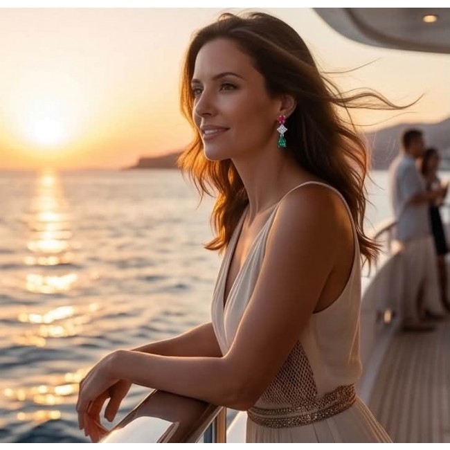 Ginevra - Luxurious natural 10.4 carat Ruby Emerald .925 Sterling Silver handmade Statement Earrings - Woman on deck wearing Ginevra earrings at sunset, side profile view.