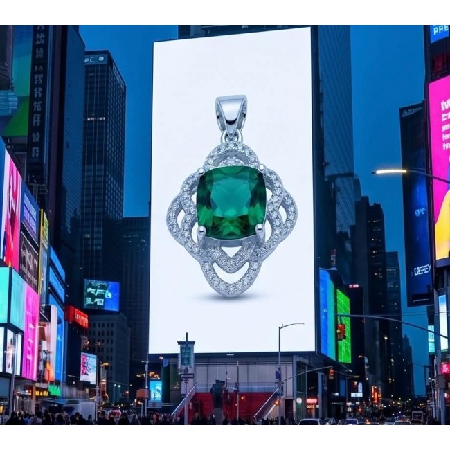 Authentic 4.5 CARAT Chrome Diopside .925 Sterling Silver Pendant - Emerald pendant close-up on billboard in urban setting.