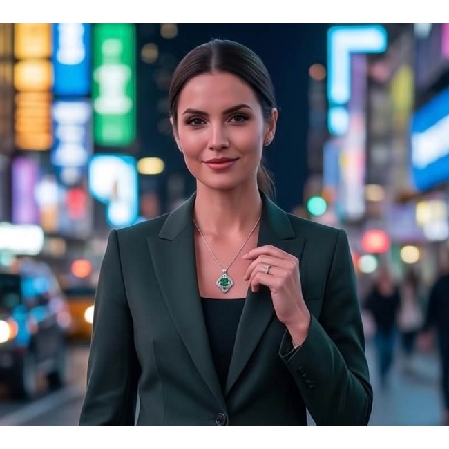 Authentic 4.5 CARAT Chrome Diopside .925 Sterling Silver Pendant - Woman wearing 4.5 carat chrome diopside necklace, urban night background.