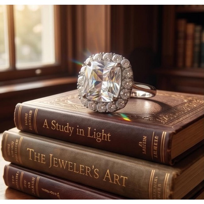 Classic Beauty 10.5 carat White Topaz .925 Sterling Silver Statement ring size 7 - Side view of Classic Beauty ring on stacked vintage books.