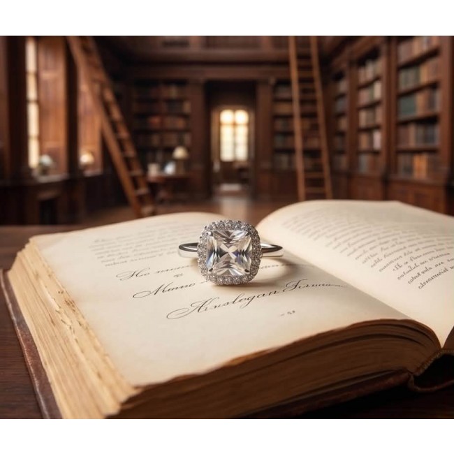Classic Beauty 10.5 carat White Topaz .925 Sterling Silver Statement ring size 7 - White topaz ring on open book in library setting, stone close-up.