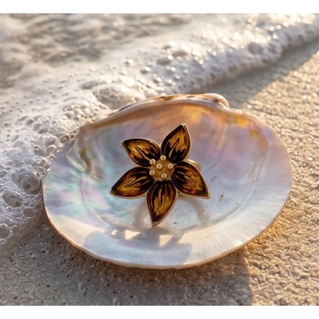 Golden Flower Authentic Baltic Amber 18K Gold over .925 Sterling Silver handcrafted ring; s. 7 adjustable - Golden flower amber brooch in shell, beachside, top view.