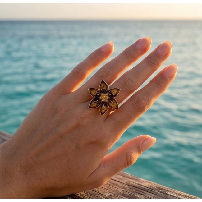 Golden Flower Authentic Baltic Amber 18K Gold over .925 Sterling Silver handcrafted ring; s. 7 adjustable - Golden flower amber ring worn on hand by the ocean.