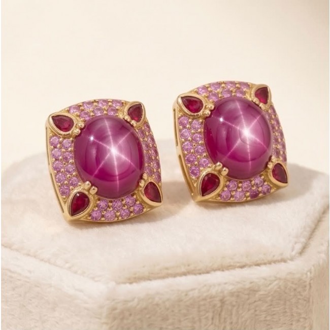 Red Cascade 16.2 carat Star Ruby .925 Sterling Silver dipped in real 22K Gold brilliantly handcrafted earrings - Star Ruby earrings, front view, in sterling silver with pink accents.
