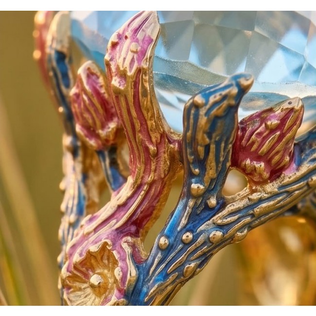 Poseidon 65.3 carat Swiss Blue Topaz ENAMEL .925 Sterling Silver dipped in 18K Gold handcrafted Large ring size 7 - Close-up of detailed enamel design on Poseidon Swiss Blue Topaz setting.