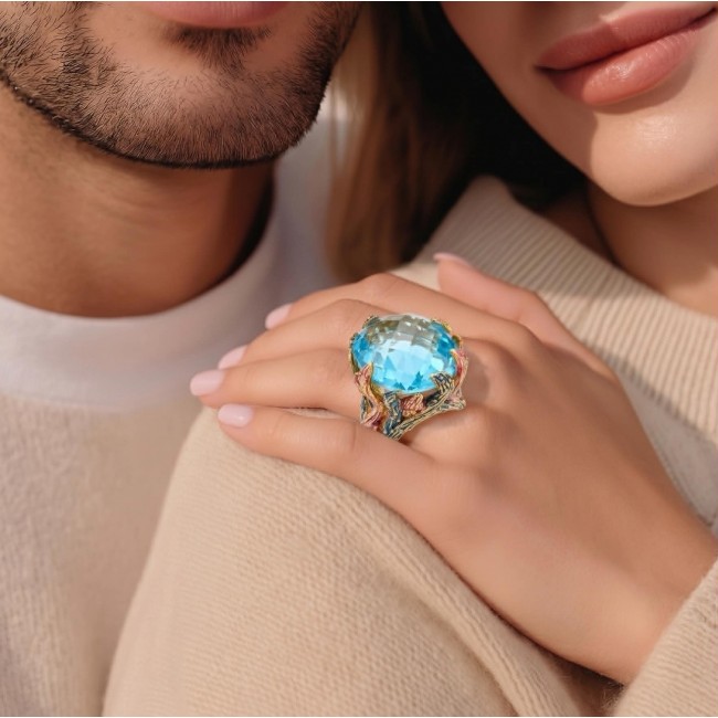 Poseidon 65.3 carat Swiss Blue Topaz ENAMEL .925 Sterling Silver dipped in 18K Gold handcrafted Large ring size 7 - Close-up of Poseidon 65.3ct Swiss Blue Topaz ring worn on hand