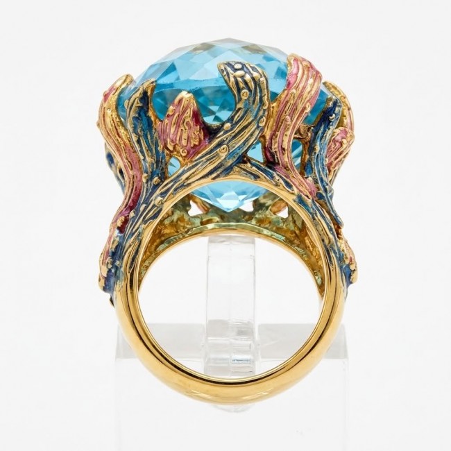 Poseidon 65.3 carat Swiss Blue Topaz ENAMEL .925 Sterling Silver dipped in 18K Gold handcrafted Large ring size 7 - Side view of Poseidon 65.3 carat Swiss Blue Topaz ring with enamel detail.