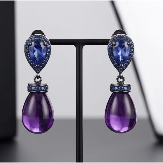 Lavender Beauty authentic 9.2 carat Amethyst .925 Sterling Silver dipped in black rhodium handcrafted earrings - Front view of Lavender Beauty Amethyst sterling silver earrings
