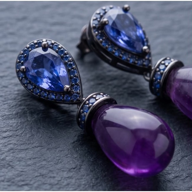 Lavender Beauty authentic 9.2 carat Amethyst .925 Sterling Silver dipped in black rhodium handcrafted earrings - Close-up of Lavender Beauty earrings with amethyst and blue stones.