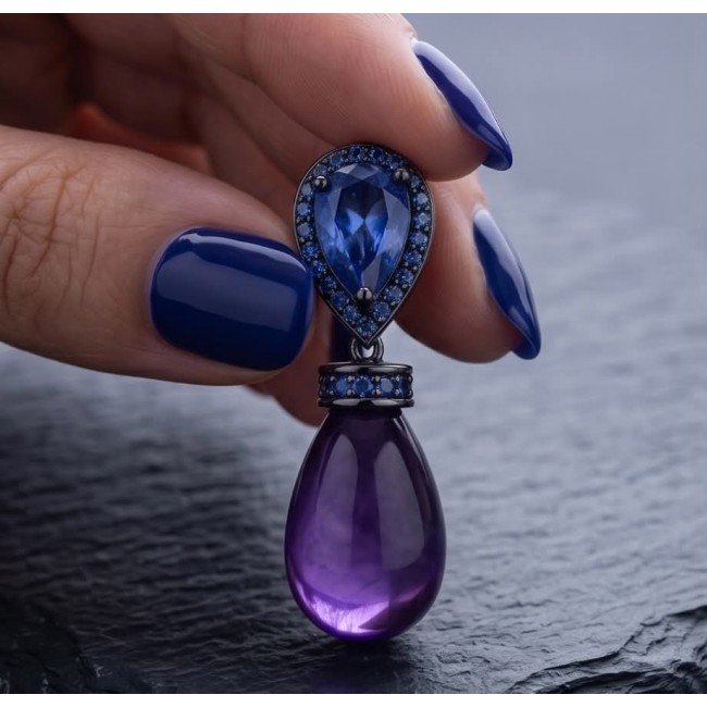 Lavender Beauty authentic 9.2 carat Amethyst .925 Sterling Silver dipped in black rhodium handcrafted earrings - Close-up of Lavender Beauty Amethyst and sapphire pendant held in hand.