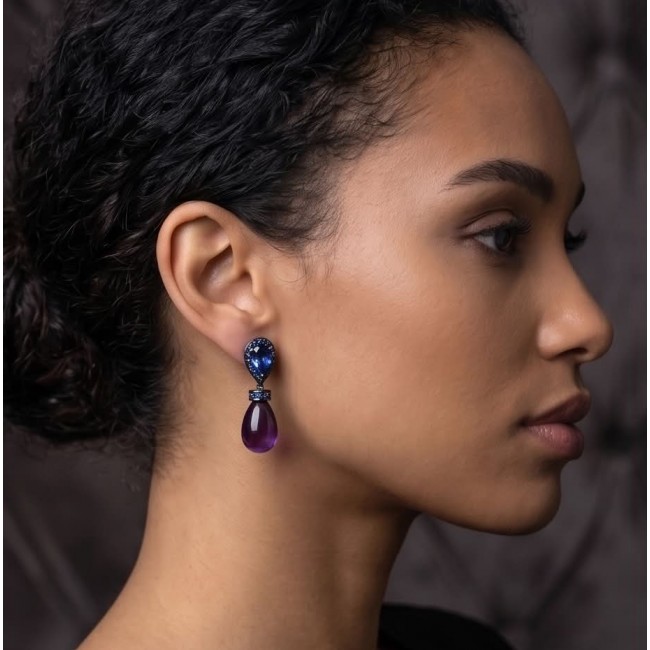 Lavender Beauty authentic 9.2 carat Amethyst .925 Sterling Silver dipped in black rhodium handcrafted earrings - Side view of Lavender Beauty Amethyst earring worn.