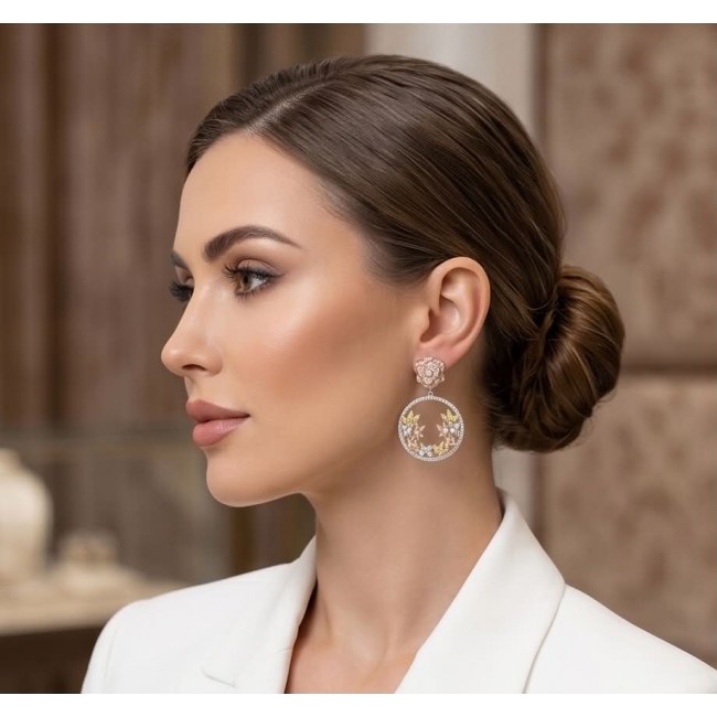 Black Label Collection - Floral design - Natural White Topaz 22K Gold over .925 Sterling Silver handmade 3 tones earrings - Side view of woman wearing floral White Topaz earrings