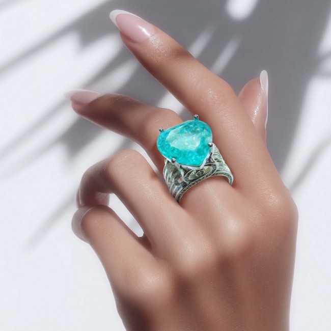 Titanic Memories - Heart 18.8 carat Green Topaz handcrafted Solid Statement Ring size 8 - photo 1