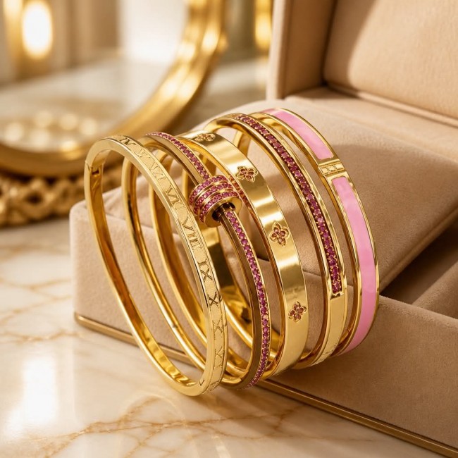 Mystery - White Topaz Inlaid Bracelet Set Stackable 5 golden Bangles - Excellent quality each bracelet Does open and close - photo 2