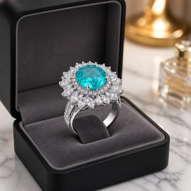 Wonderland 9.5 carat Brazilian Paraiba Tourmaline .925 Sterling Silver Handcrafted Ring size 9 - Paraiba tourmaline ring in open box, front angle view