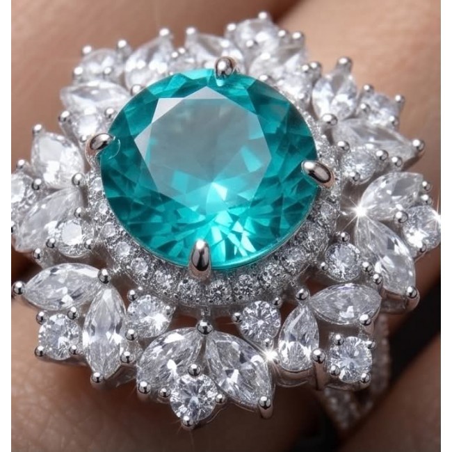 Wonderland 9.5 carat Brazilian Paraiba Tourmaline .925 Sterling Silver Handcrafted Ring size 9 - Close-up of a Wonderland Paraiba Tourmaline ring with diamond accents