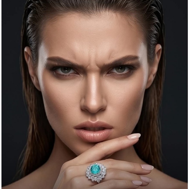 Wonderland 9.5 carat Brazilian Paraiba Tourmaline .925 Sterling Silver Handcrafted Ring size 9 - Close-up of Paraiba Tourmaline ring worn on hand, intense expression.