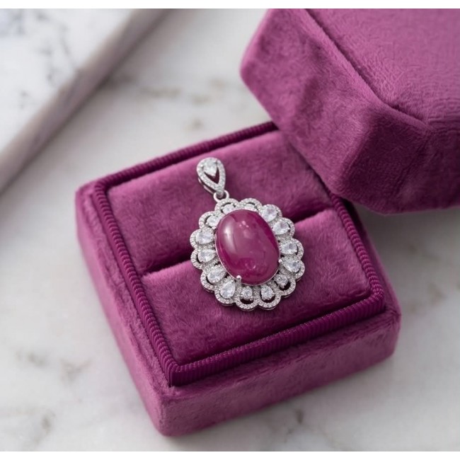 Rare 16.2 carat authentic Star Ruby rhodium over .925 Sterling Silver handmade Statement Pendant - Star Ruby pendant in rhodium over .925 silver in hinged box, top view
