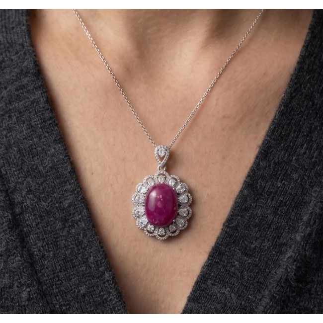 Rare 16.2 carat authentic Star Ruby rhodium over .925 Sterling Silver handmade Statement Pendant - Star Ruby pendant worn, close-up view. Rhodium over .925 silver.