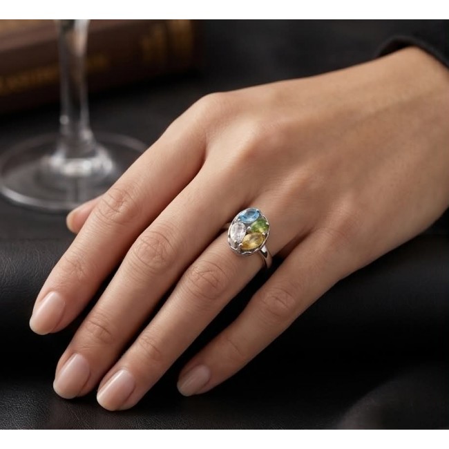 Precious Rainbow- authentic 7.2 carat multigem .925 Sterling Silver Eternity Ring size 8 - Multigem ring worn on hand, showcasing colorful stones and silver band.