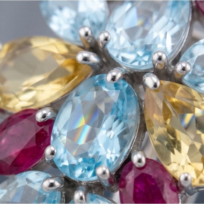 Dolce Vita 29.7 carat Swiss Blue Topaz rhodium over .925 Sterling Silver Handcrafted Statement earrings - Close-up of colorful gemstones in Dolce Vita jewelry piece.