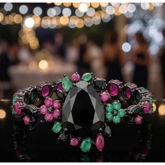 Mystery 82.2 carat authentic Ruby Black rhodium over .925 Sterling Silver handcrafted Statement Bracelet - Close-up of Mystery 82.2 carat ruby bracelet with black rhodium over .925 S.