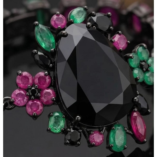 Mystery 82.2 carat authentic Ruby Black rhodium over .925 Sterling Silver handcrafted Statement Bracelet - Stone close-up of Mystery 82.2 carat Ruby Black rhodium over .925 S.