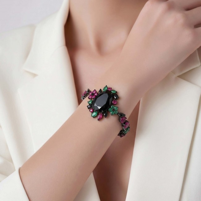 Mystery 82.2 carat authentic Ruby Black rhodium over .925 Sterling Silver handcrafted Statement Bracelet - Bracelet worn on wrist, featuring 82.2 carat ruby and black rhodium.