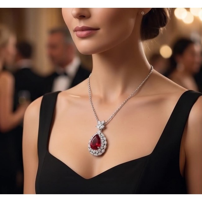Luxurious 10.8 carat natural Ruby White Topaz .925 Sterling Silver .925 Sterling Silver Statement Necklace - Close-up of a necklace with a luxurious ruby pendant worn at an event.
