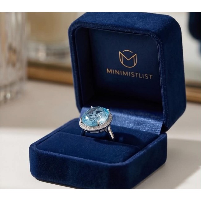 Angelina 14.9 carat authentic Aquamarine .925 Sterling Silver Handcrafted Ring size 6 1/4 - Aquamarine ring in blue velvet box, showcasing stone and setting.
