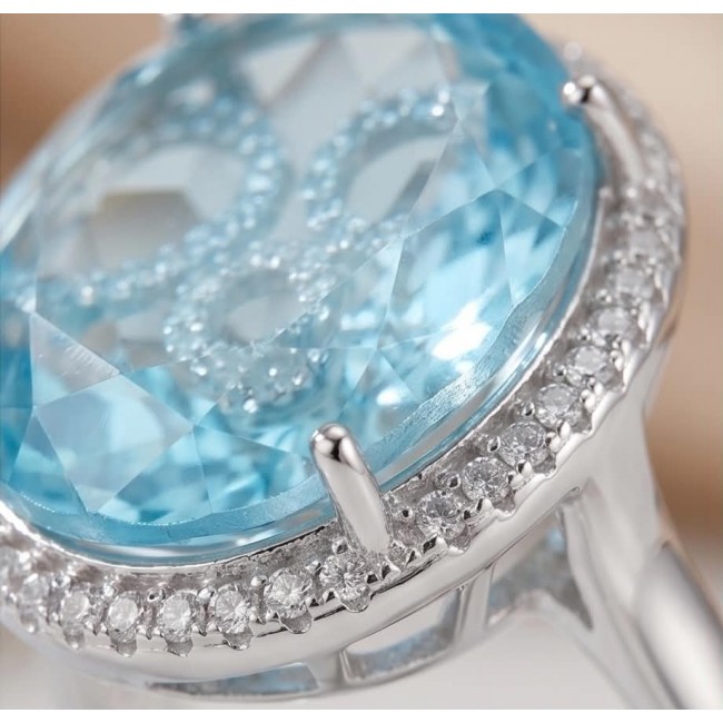 Angelina 14.9 carat authentic Aquamarine .925 Sterling Silver Handcrafted Ring size 6 1/4 - Close-up of aquamarine ring with diamond accents in sterling silver.