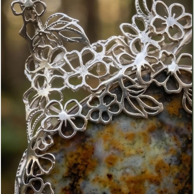 Huge Authenic Australian Boulder Opal .925 Sterling Silver dipped in rhodium brilliantly handcrafted necklace - Close-up of sterling silver floral design on Australian boulder opal.
