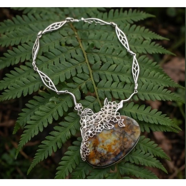 Huge Authenic Australian Boulder Opal .925 Sterling Silver dipped in rhodium brilliantly handcrafted necklace - Australian Boulder Opal necklace with floral design on fern backdrop
