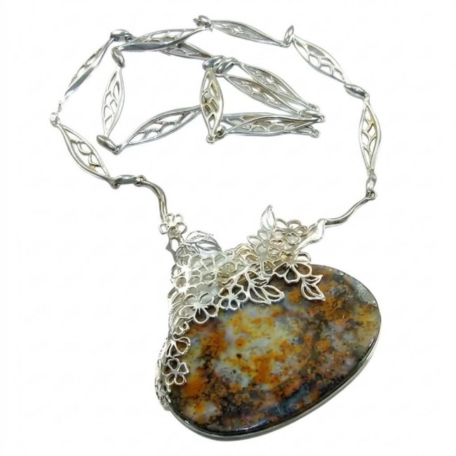 Huge Authenic Australian Boulder Opal .925 Sterling Silver dipped in rhodium brilliantly handcrafted necklace - Australian Boulder Opal necklace with intricate silver leaf design