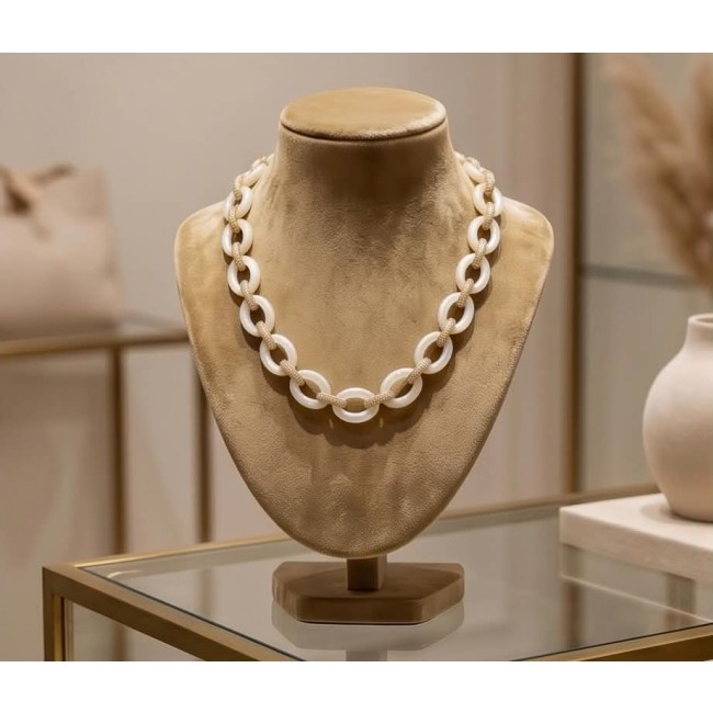 Rainbow Cascade Precious natural Blister Pearl 18K Gold over .925 Sterling Silver Necklace; 58.5 grams - Necklace on display stand; front view; linked pearl and gold design.