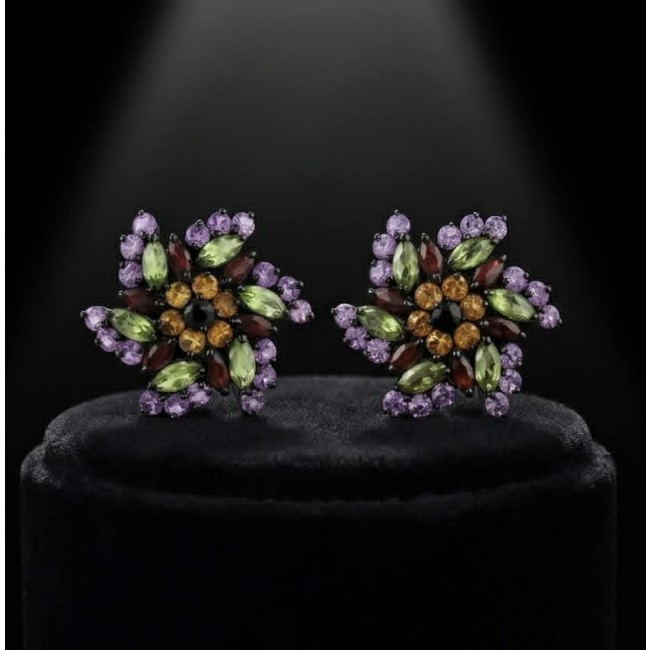 Serenity - Authentic 10.5 carat Multigem black rhodium over .925 Sterling Silver handcrafted earrings - Top view of Serenity multigem earrings on black velvet display.