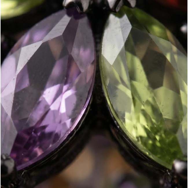 Serenity - Authentic 10.5 carat Multigem black rhodium over .925 Sterling Silver handcrafted earrings - Close-up of multigem stones in black rhodium setting, Serenity jewelry.