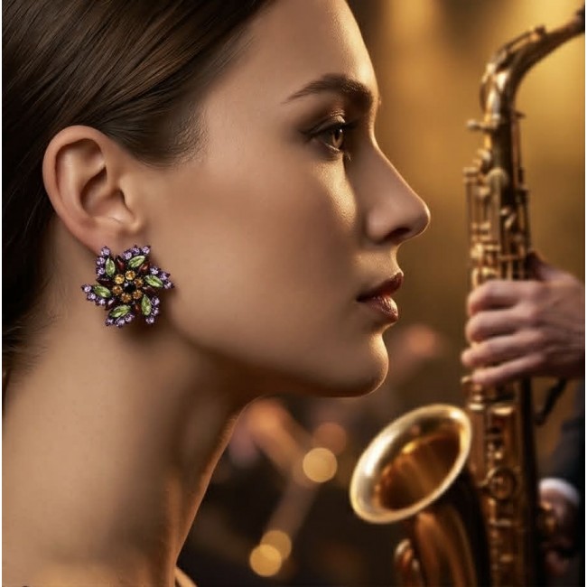 Serenity - Authentic 10.5 carat Multigem black rhodium over .925 Sterling Silver handcrafted earrings - Side view of woman wearing Serenity multigem earrings at a jazz event.