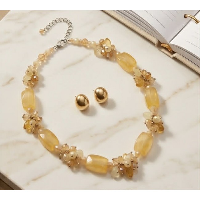 Dazzling vintage natural rough Brazilian Citrine .925 Sterling Silver handcrafted Large necklace - Citrine necklace and earrings set on marble with open notebook.